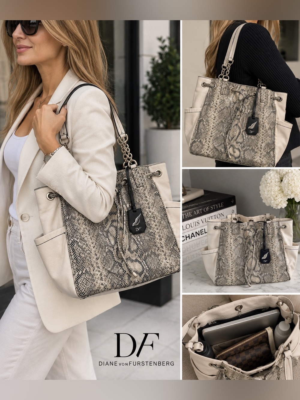 Diane von Furstenberg Sydney Cinch Tote Python Embossed Leather DVF